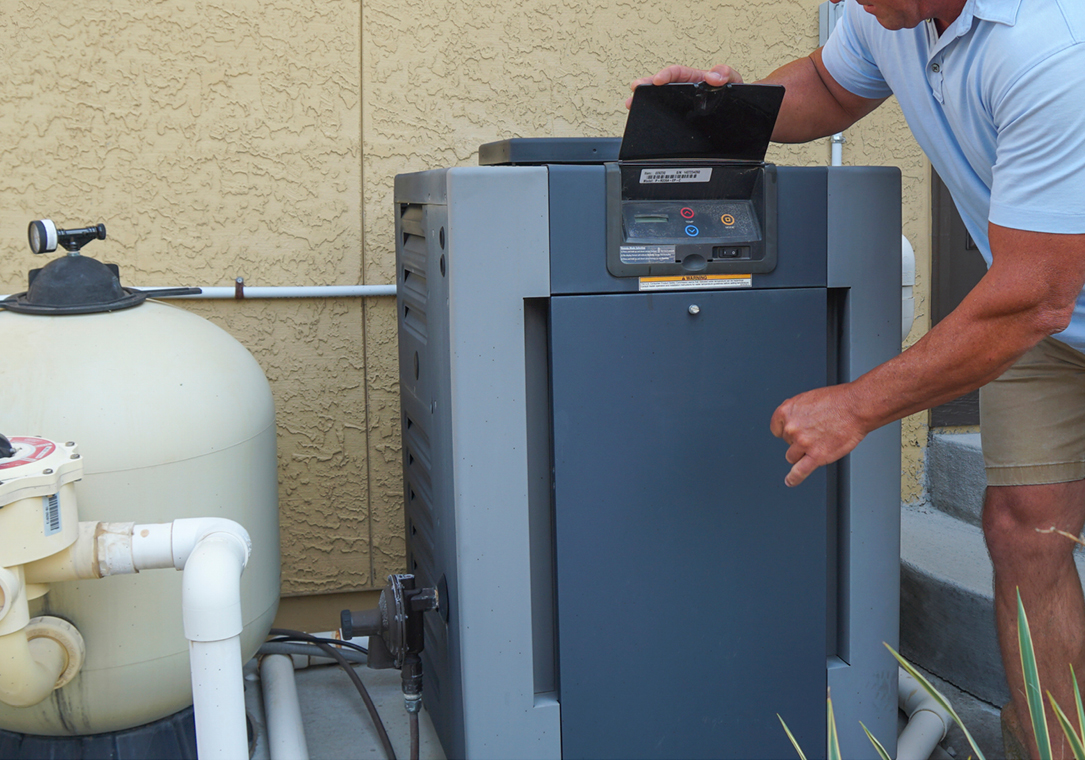 Close-up of propane-powered pool heater.