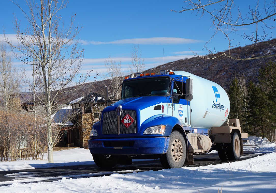 A Ferrellgas truck delivering propane in the winter.