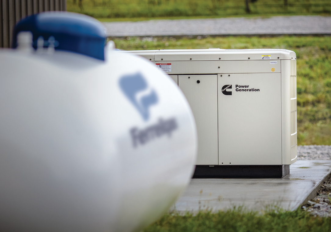 Outdoor generator sitting on wet ground with a Ferrellgas propane tank nearby. 